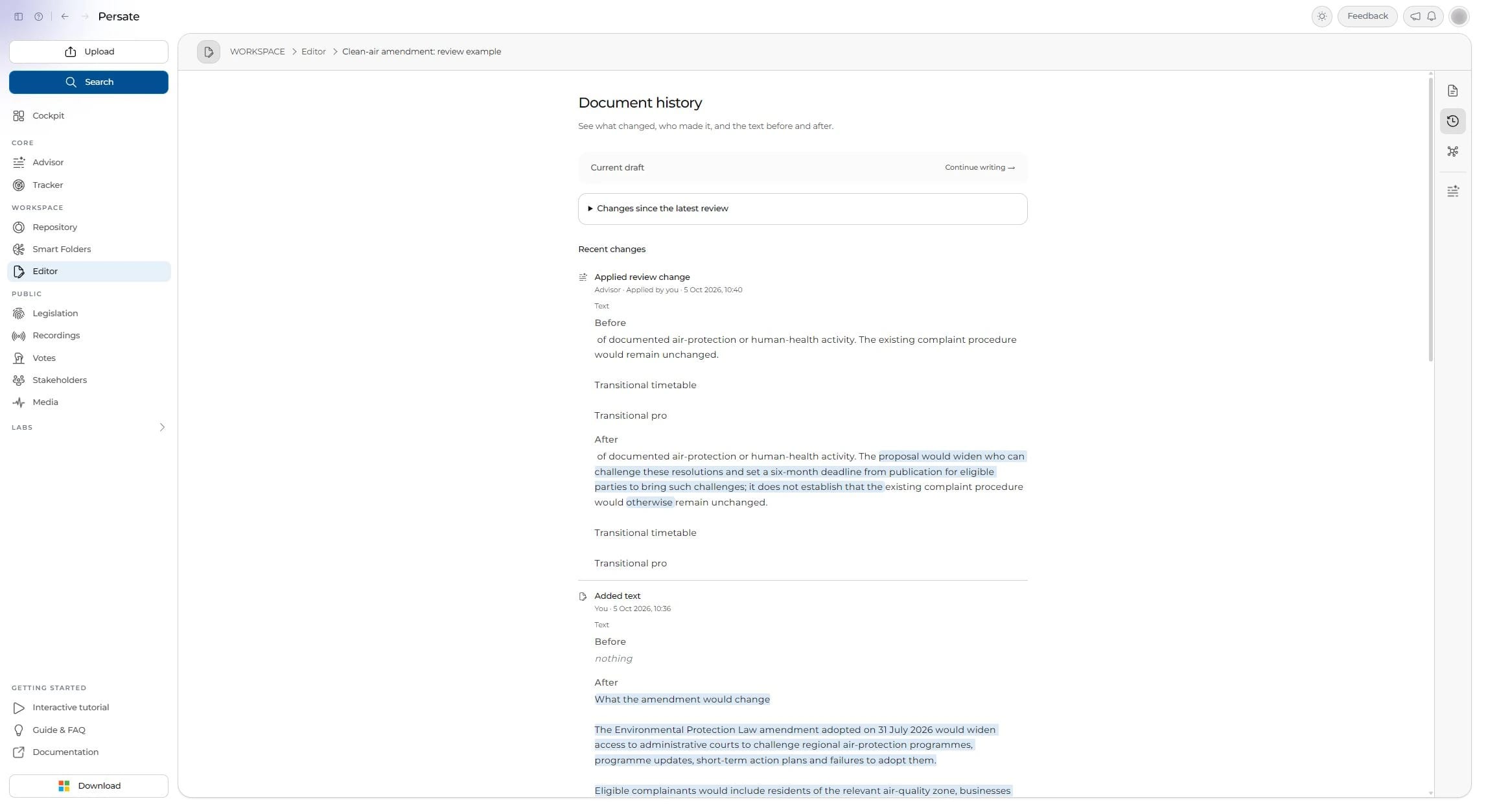 A correction applied from a review, before and after, in the document’s history.