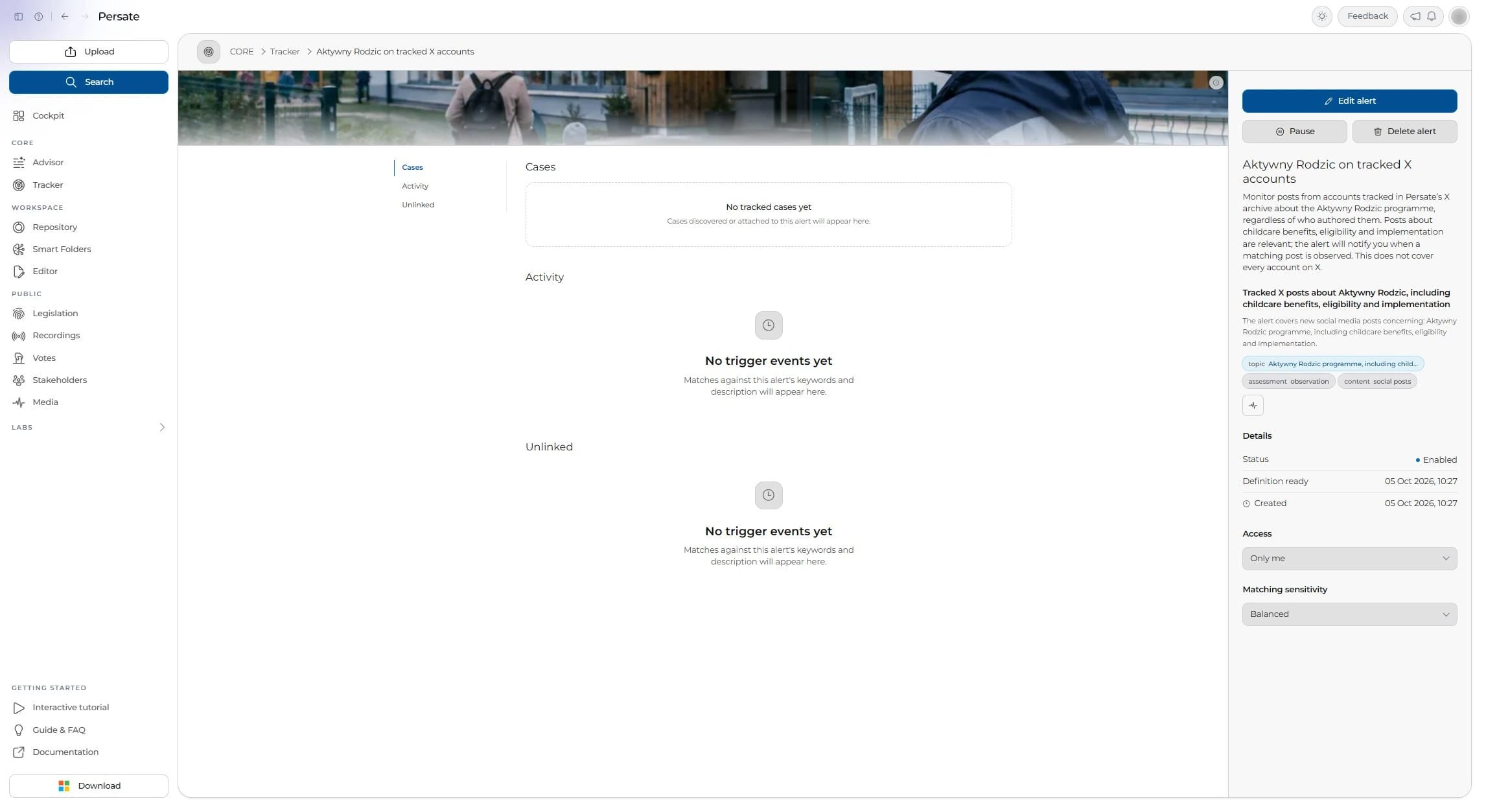 An enabled alert on X posts, waiting for its first matches.