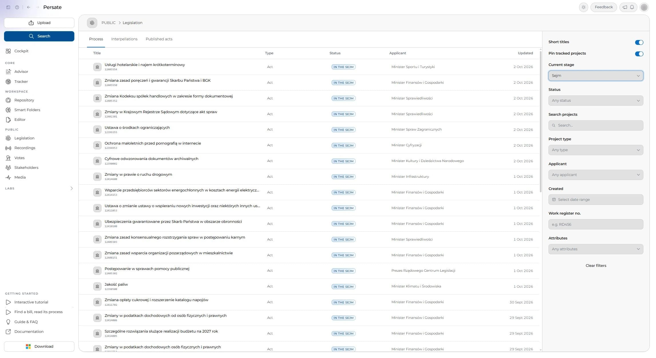 The process list filtered to the Sejm stage.