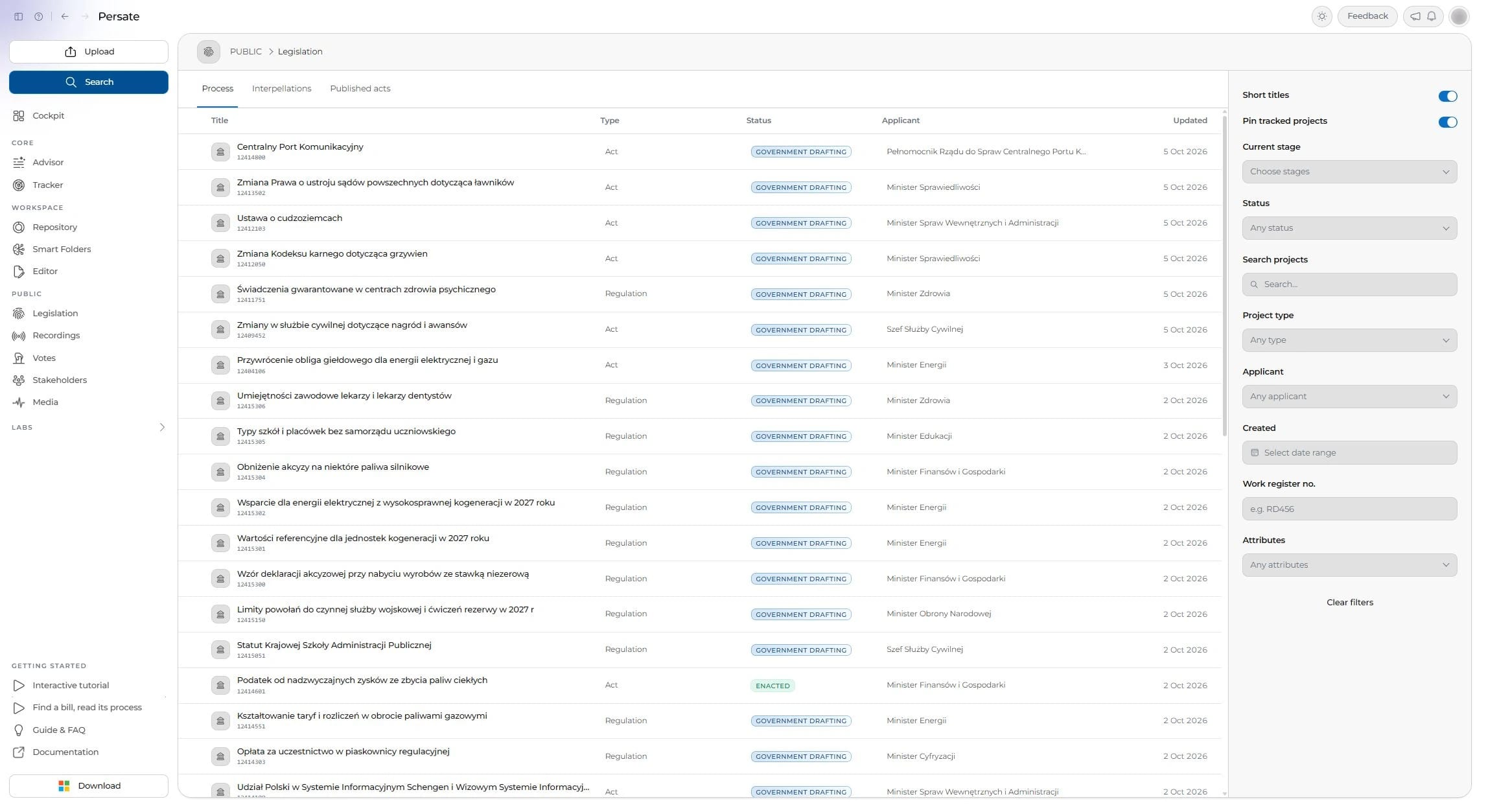 Legislative projects in the process list.