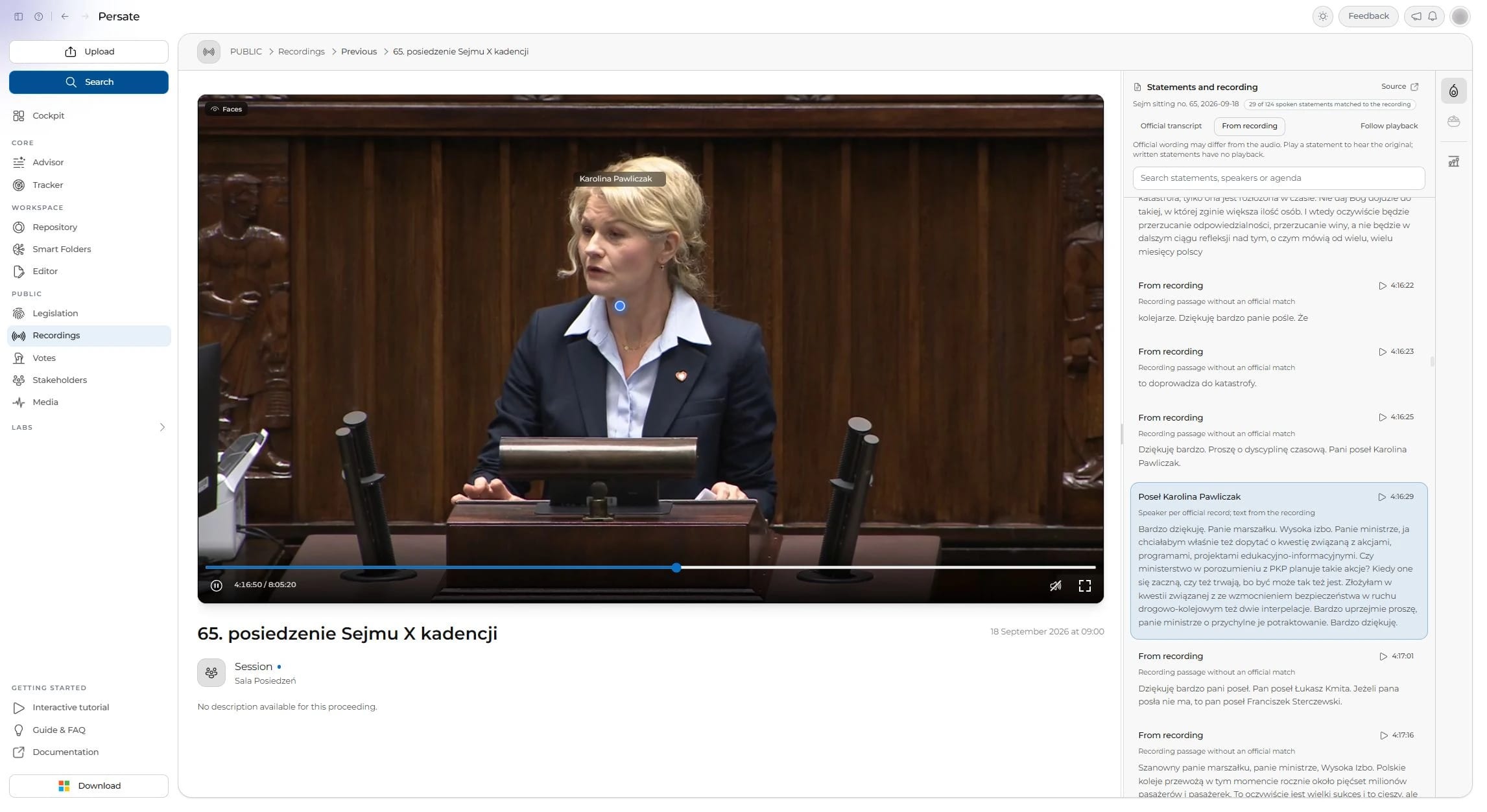 The 65th sitting of the Sejm, 18 September 2026: the speaker named on the video and in the transcript.