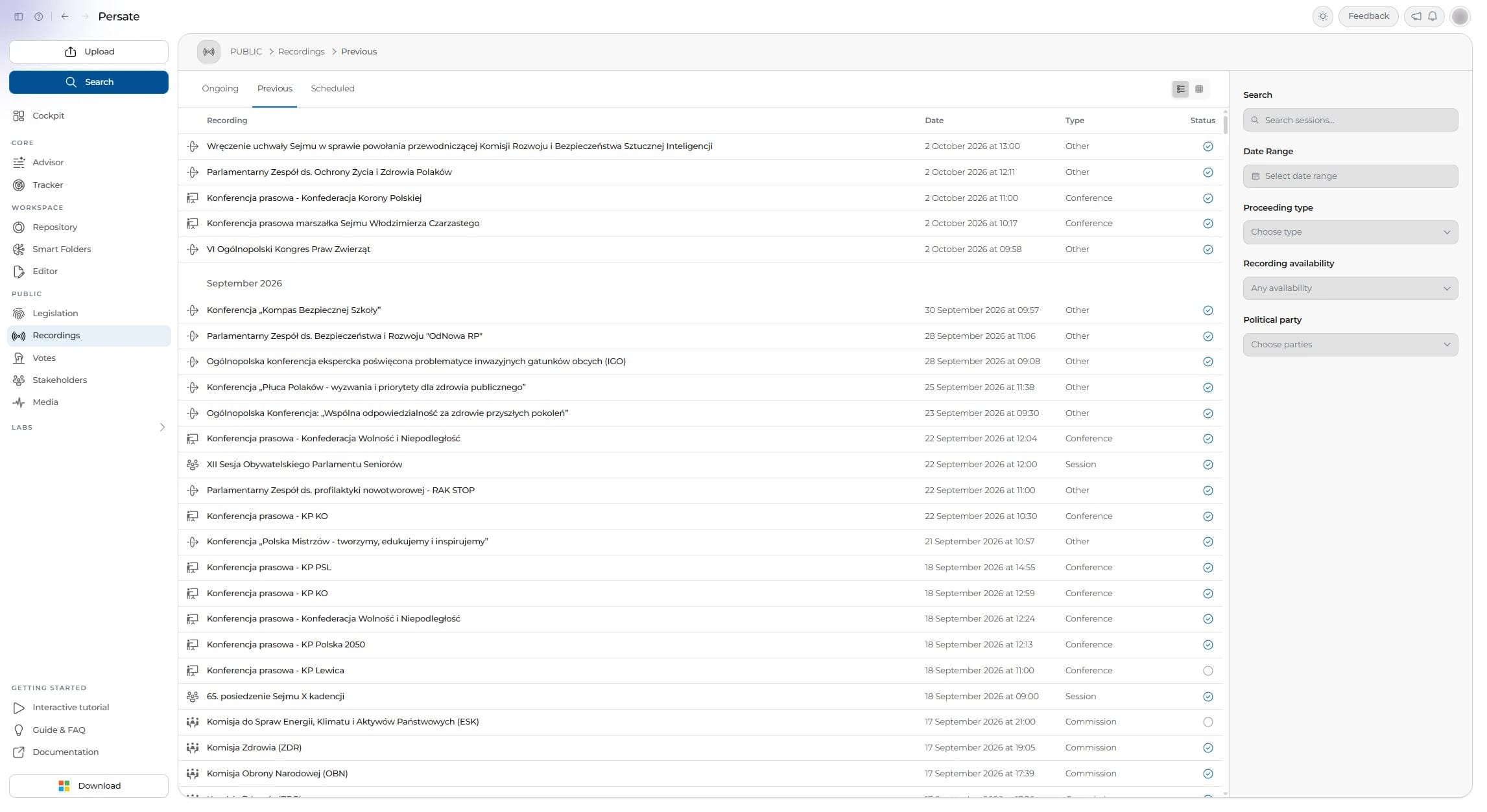 Recordings by date and type.