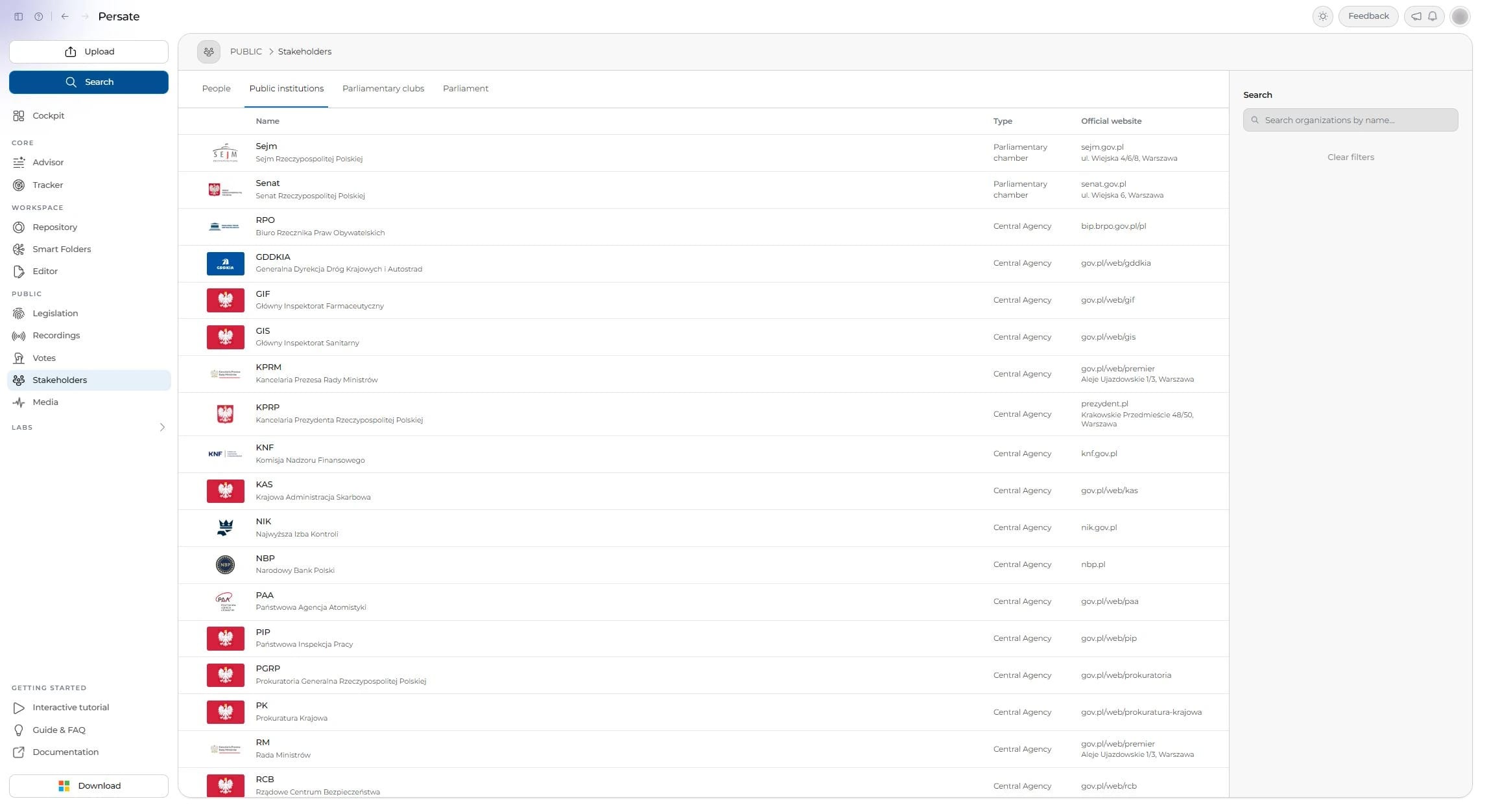 The public-institution directory.