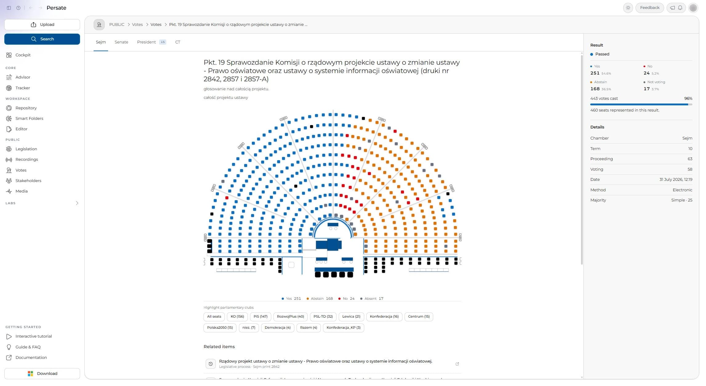 Sejm, 31 July 2026: the eDziennik act, seat by seat.