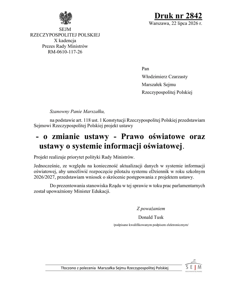 Print 2842: the Prime Minister’s letter to the Marshal of the Sejm.
