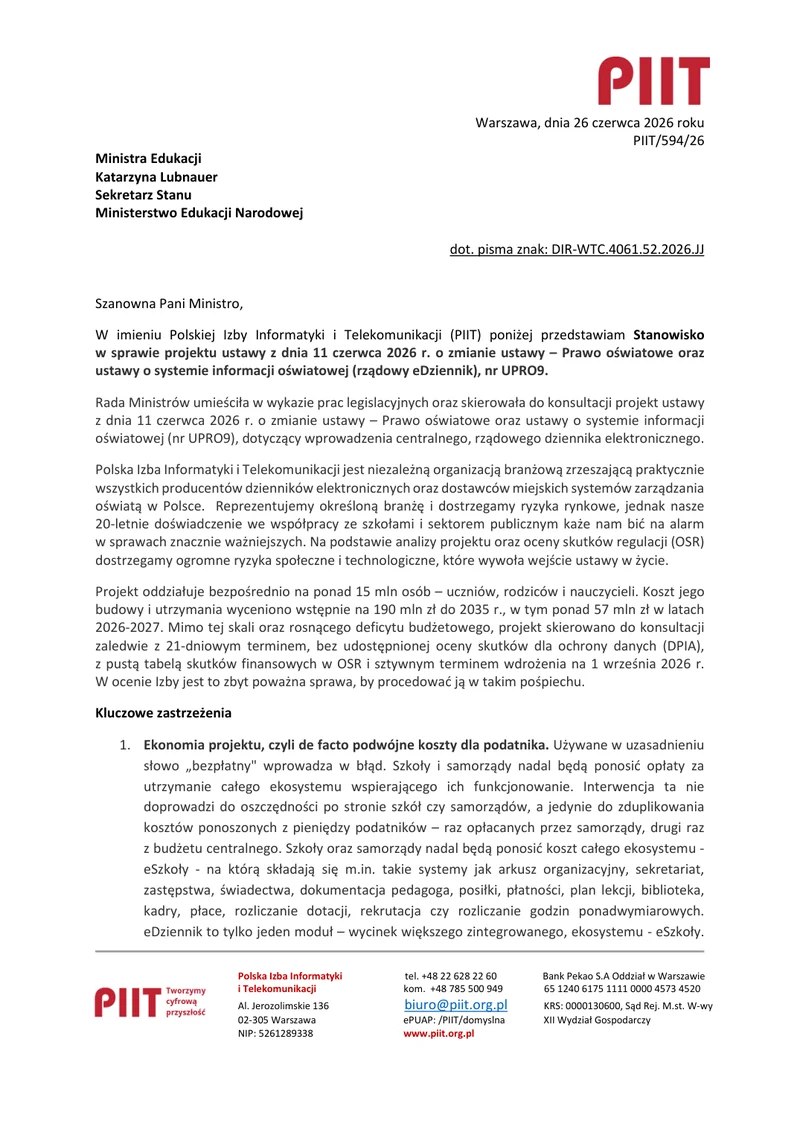 PIIT’s position on the draft, as filed.