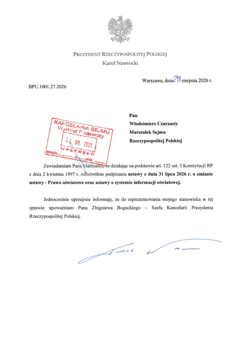 The President’s letter to the Marshal of the Sejm, 28 August 2026.