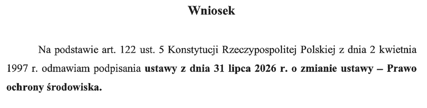 Print 3069, page 2, the President’s motion: „odmawiam podpisania ustawy z dnia 31 lipca 2026 r. o zmianie ustawy – Prawo ochrony środowiska”