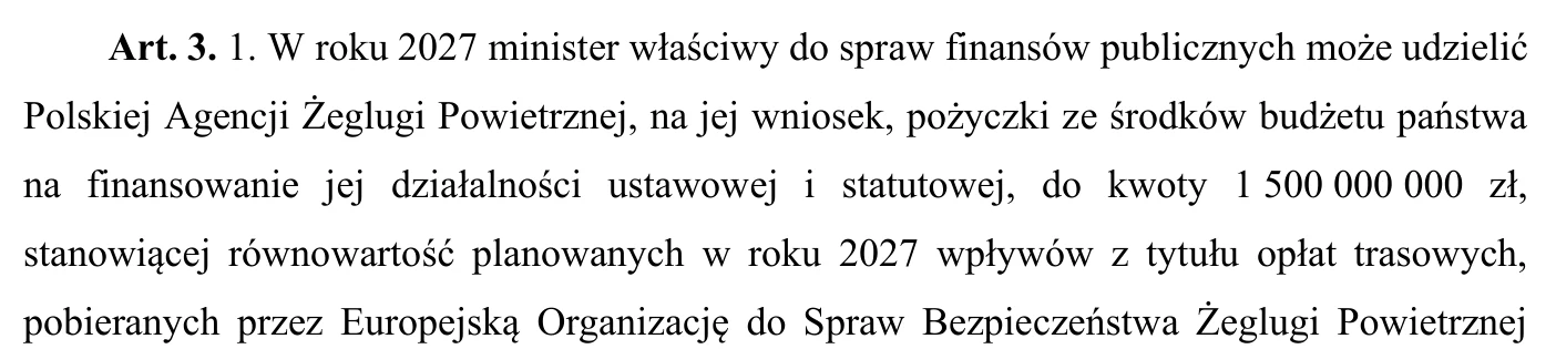 Print 3154, page 2, article 3(1): a loan to the air navigation agency (PAŻP) „do kwoty 1 500 000 000 zł”